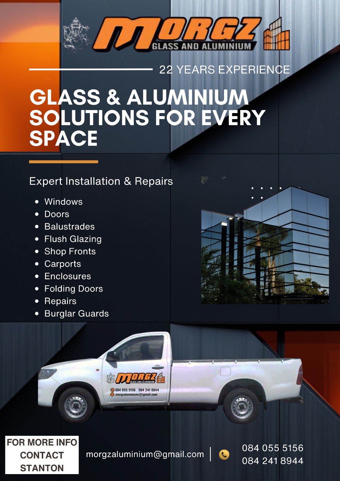 Morgz Glass and Aluminum services and contact flyer